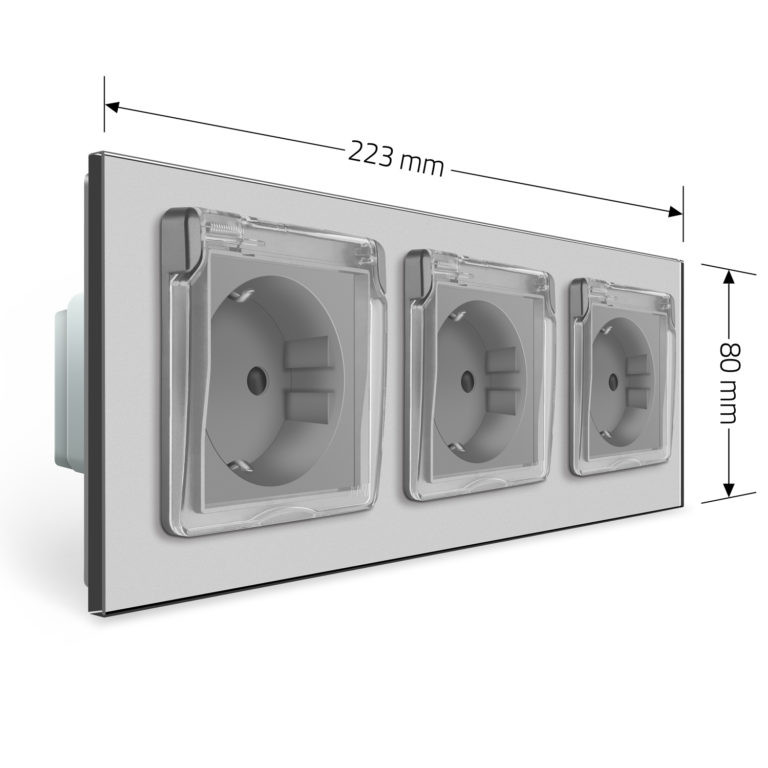 Потрійна електрична розетка вологозахисна з кришкою IP44 з заземленням, LIVOLO, сіра, скляна рамка, шторки, 250В 16А (VL-C7C3EUWF-15) Коломыя - изображение 3