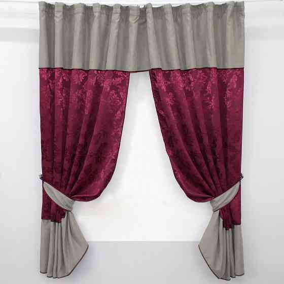 Кухонные шторы VR-Textil № 073к с ламбрекеном и подхватами бордовый с серым 270х170 см (52-0518) Киев