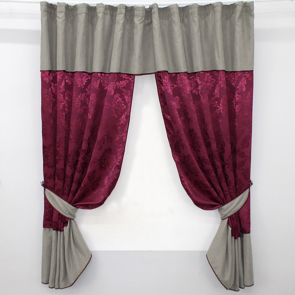 Кухонные шторы VR-Textil № 073к с ламбрекеном и подхватами бордовый с серым 270х170 см (52-0518) Киев - изображение 1