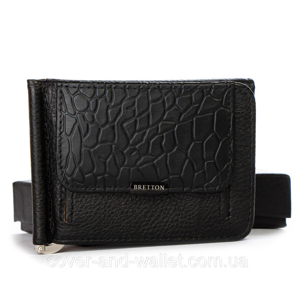 Кожаный зажим для денег и карточек с монетницей черного цвета Bretton Киев - изображение 1