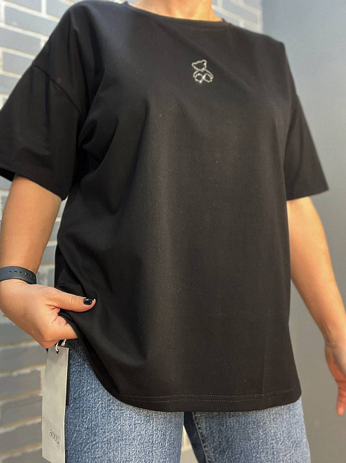 Футболка женская A-N 2006 базовая широкая оверсайз медвежонок камни one size, черный, one size Киев - изображение 5