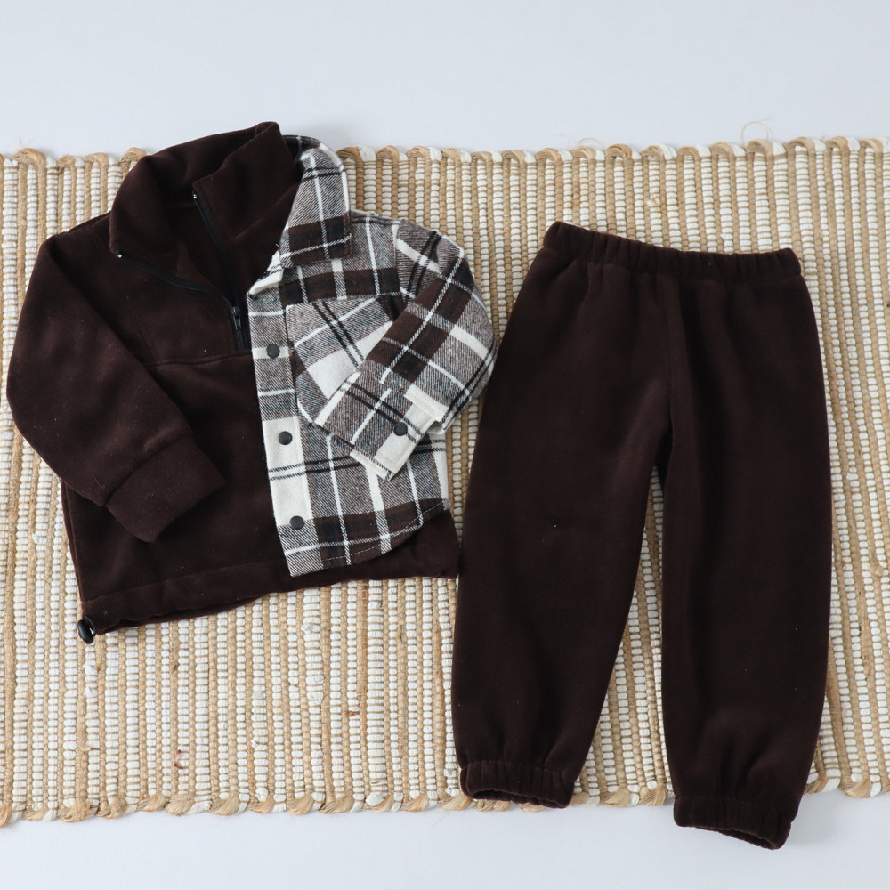 Коричневый теплый детский комплект из флиса тедди (рубашка в клетку+толстовка+брюки) 128 Каменец-Подольский - изображение 1