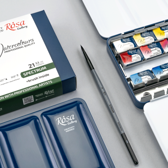 Набір акварельних фарб з пензлем SPECTRUM 21×2,5мл кювета Індіго металевий пенал ROSA Gallery Київ