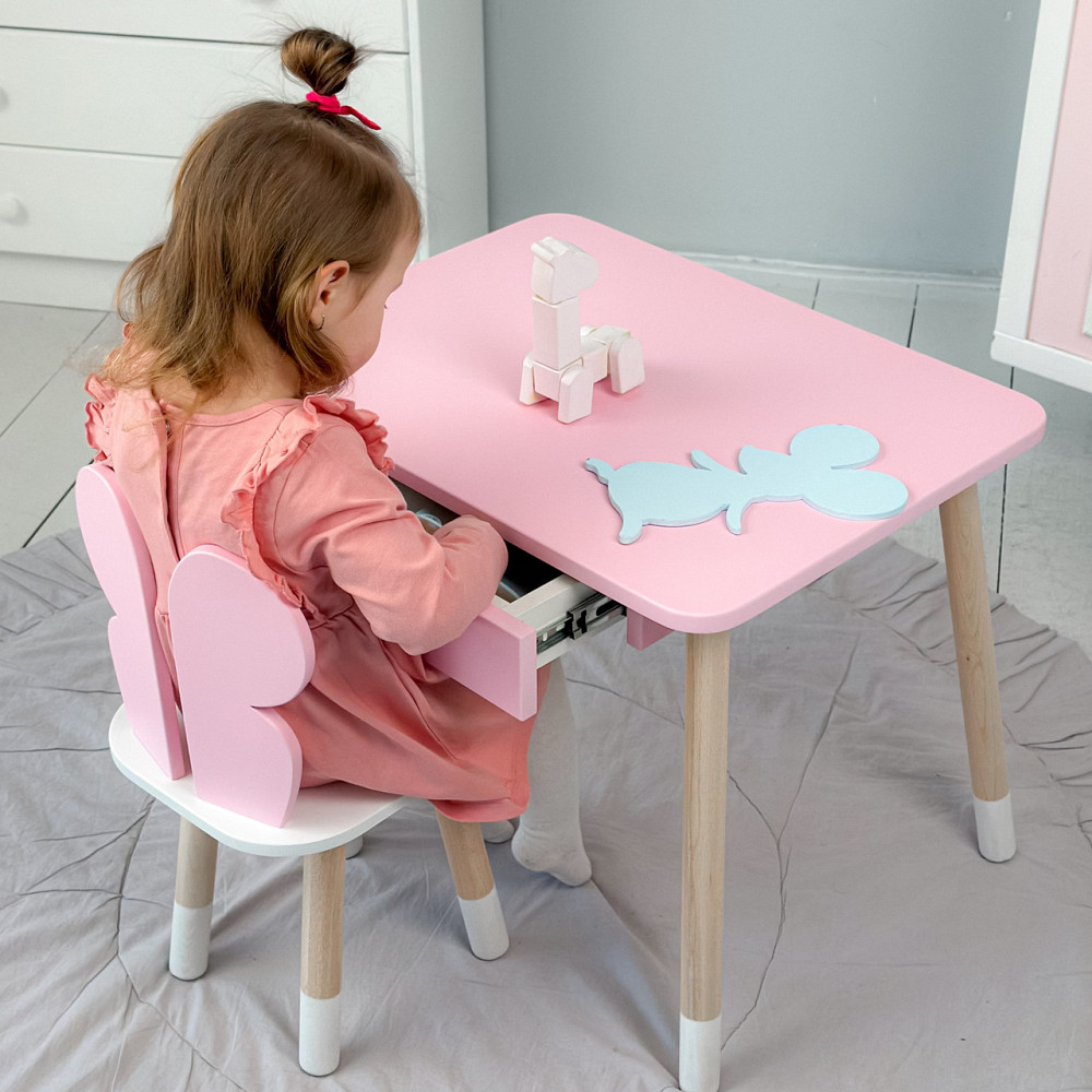 Стіл прямокутний з ящиком для речей 46х60х45 і стілець метелик 26х26х24, столик та стільчик в дитячу, рожевий з білим Кам'янське - фото 15