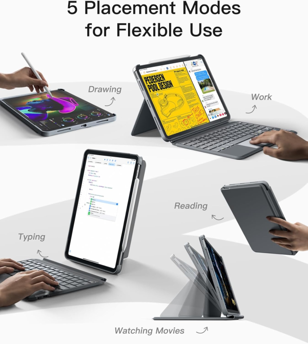 Чохол-клавіатура Inateck KB04111-11 для iPad Pro 11″ M4/M5, Bluetooth, магнітний, знімний, тачпад, підсвітка, сірий Київ - фото 10
