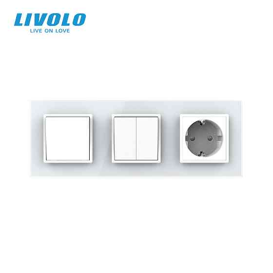 LIVOLO Трьохклавішний вимикач (1-2) з розеткою Livolo білий скло (VL-C7K1/K2/FCTC16A-6WP) Коломия