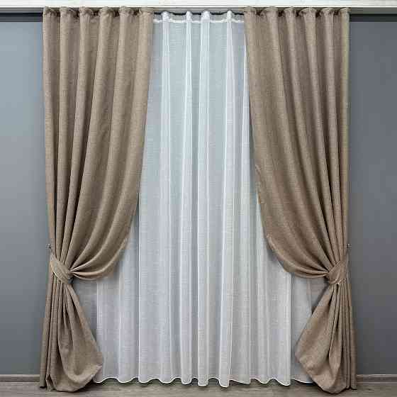 Комплект штор VR-Textil Лен Мешковина 150х270 2шт и Тюль 600х270 113ш-115т Светло-кофейный с белым 71-053/5 Киев