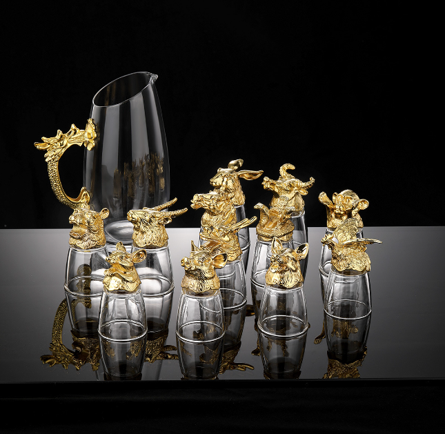 Набор рюмок Китайский гороскоп 30 мл х 12 шт Графин 300 мл в Кейсе Круглый бамбуковый Разнос Золотой Кременчуг - изображение 7