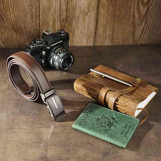 Ремень мужской тонкий c пряжкой автомат и коричневой заливкой Vintage 20308 Коричневый Киев