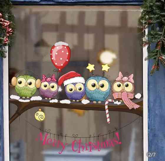 Новорічні наклейки сови на гілці - розмір стікера 25*70см, силікон Київ