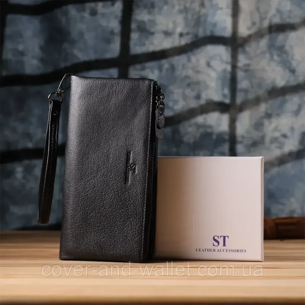 Чорний шкіряний гаманець-клатч на три відділення з ремінцем на зап'ясті ST Leather Київ - фото 8