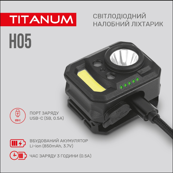 Ліхтарик LED налобний 250Lm 6500К чорний TLF-H05 Titanum Житомир - фото 7