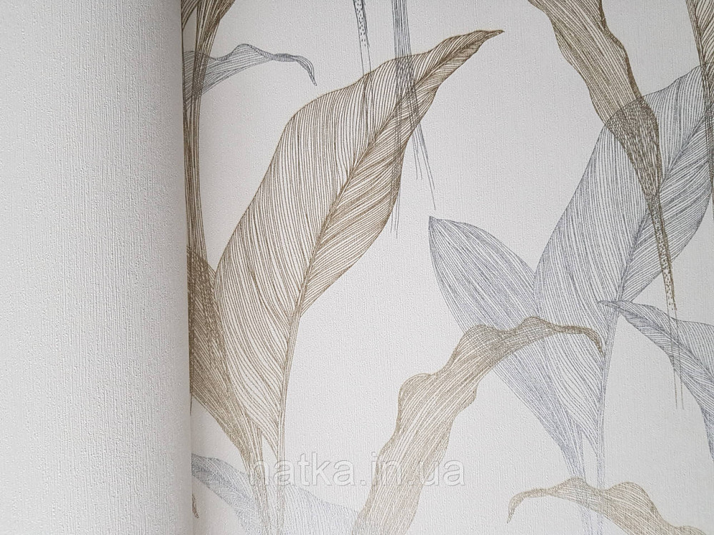 Шпалери метрові вініл на флізелін дизайнерські Erismann Elle Decoration 2 листя сірі золотисті на білому Київ - фото 2