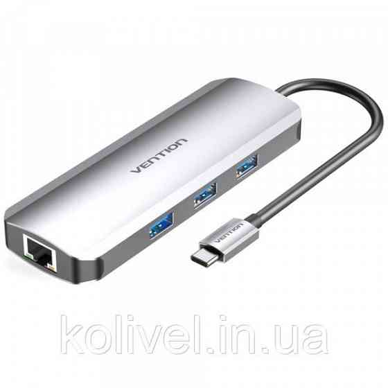 Док-станція USB3.1 Type-C --> HDMI/USB 3.0x3/RJ45/SD/TF/PD 100W Hub 8-in-1 Vention (TOKHB) Київ