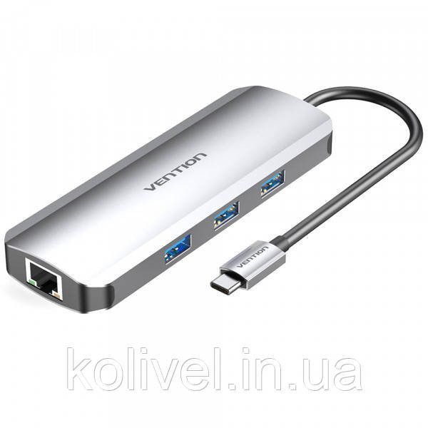 Док-станція USB3.1 Type-C --> HDMI/USB 3.0x3/RJ45/SD/TF/PD 100W Hub 8-in-1 Vention (TOKHB) Київ - фото 1