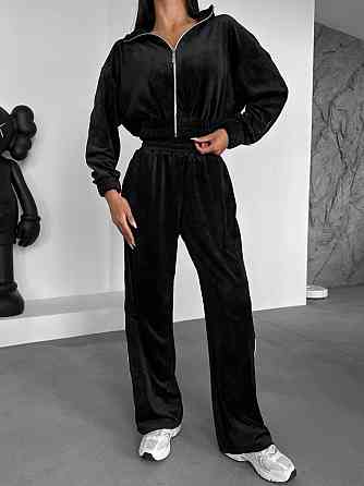 Жіночий прогулянковий костюм-двійка: зіп кофта та штани з мармурового велюру Чорний, 44/46 Одеса