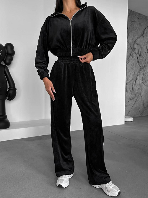 Жіночий прогулянковий костюм-двійка: зіп кофта та штани з мармурового велюру Чорний, 44/46 Одеса - фото 1