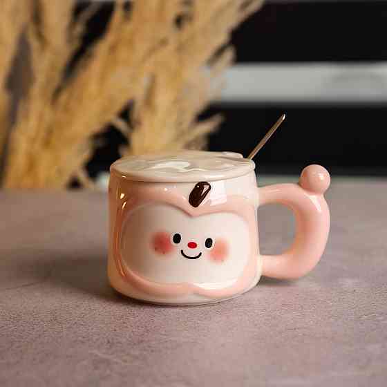 Чашка фарфоровая 400 (мл) с крышкой и ложкой,оригинальная кружка на подарок чашка для детей Розовый FM-25C SBR Киев