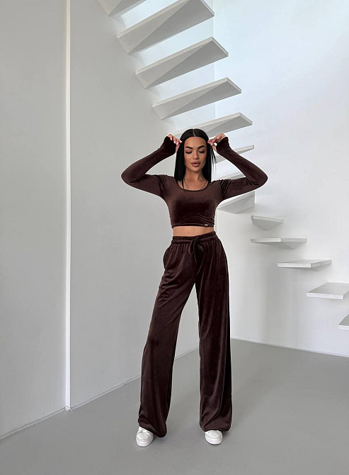 Женский прогулочный костюм двойка: лонгслив и штаны велюр Шоколад, 42/44 Одесса - изображение 6