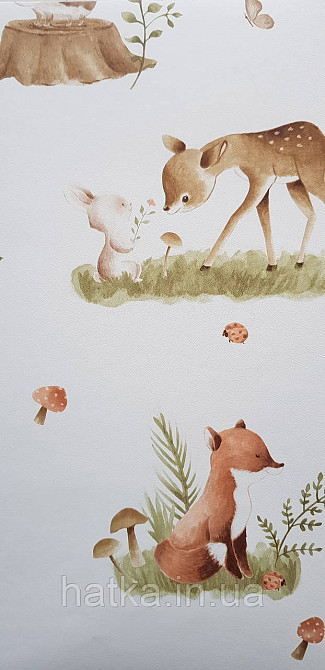 Шпалери флізелінові еко Rasch Kids World II 0.53х10 дитячі ведмедики білки косулі зайці коричневі на білому Київ - фото 1
