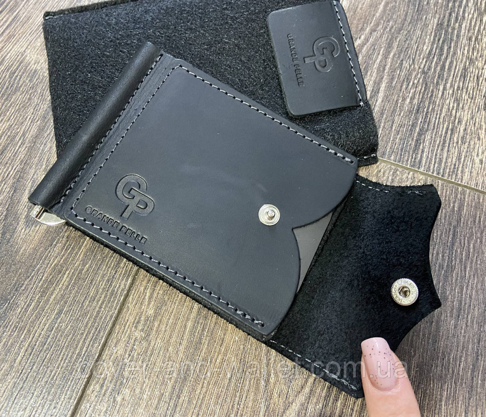 Гаманець затискач для грошей на кнопці із вінтажної шкіри чорного кольору Grande Pelle Київ - фото 2