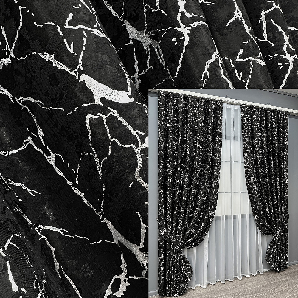 Комплект готових штор VR-Textil Льон мармур Royal Touch № 2005ш Чорний 200х270 см 2 шт (32-481) Київ - фото 1
