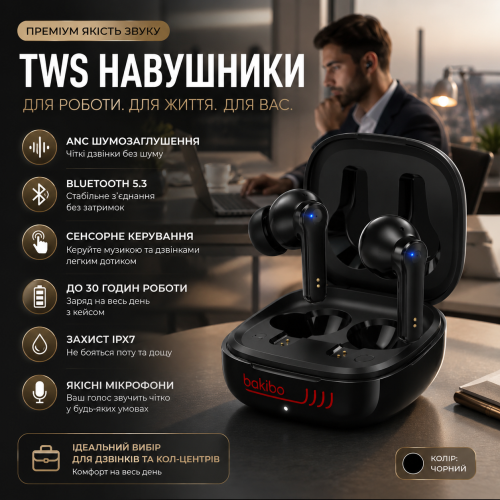 Бездротові Навушники Bakibo Bluetooth 5.1 TWS IPX7 З Мікрофоном, Сенсорним Керуванням та 30 Годинами Автономності Київ - фото 1