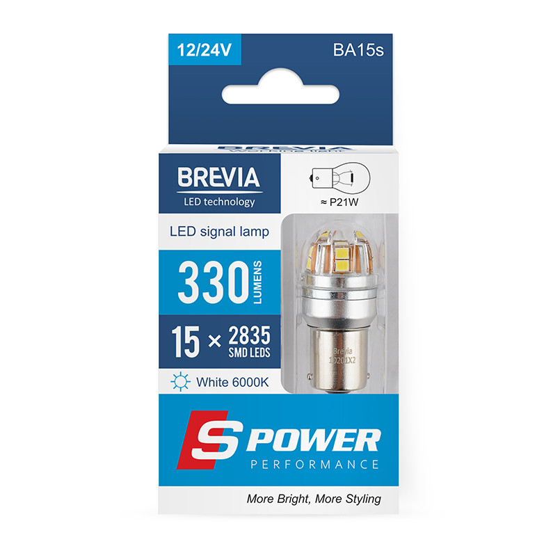 Автолампа Brevia S-Power LED P21W 330Lm 15x2835SMD 12/24V CANbus, 2шт Львів - фото 1