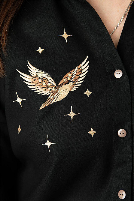 Вишиванка жіноча, лляна, чорна, з довгим рукавом, топ Київ - фото 3