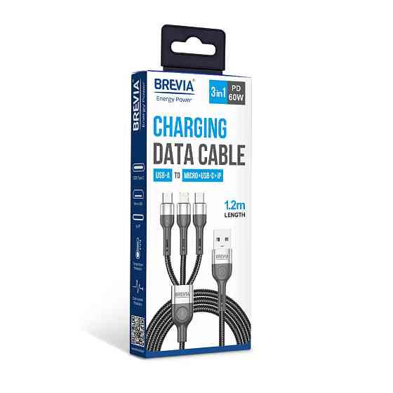 Кабель Brevia 3in1 USB to Lightning+Micro+Type-C 3A 1,2м, чорний (59120BULMCC1) Львів