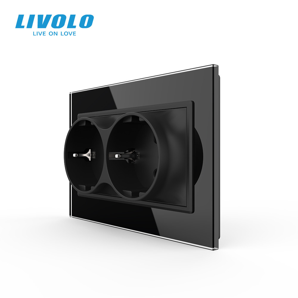 Подвійна електрична розетка в один підрозетник з заземленням LIVOLO, чорна, скляна рамка, 250В 16А (VL-C7CTF16A.TF16A-BP) Коломыя - изображение 4