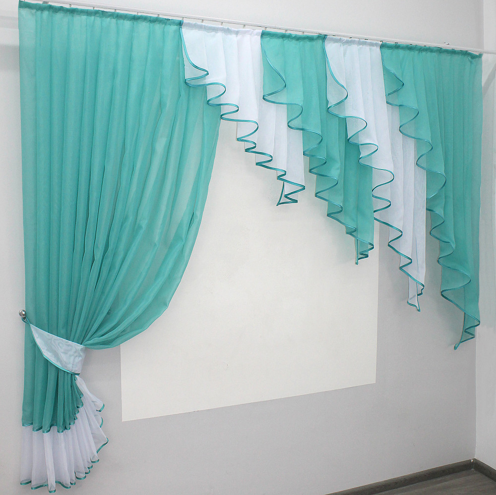 Кухонный комплект VR-Textil № 070к шторка с ламбрекеном бирюзовый с белым 200х170 см (50-335) Киев - изображение 1