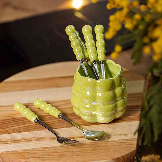 Yiwu Набір десертних виделок і ложок на 3 персони з підставкою з порцелянау 7 предметів Зелений Киев