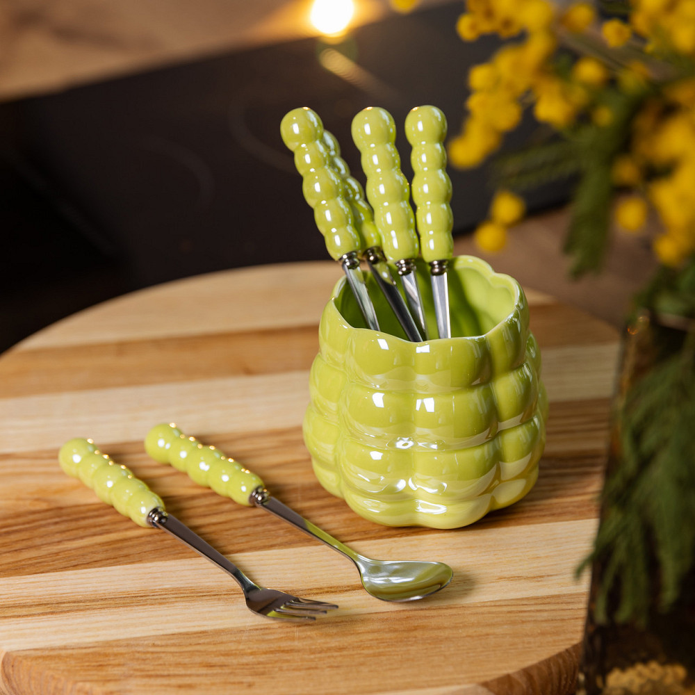 Yiwu Набір десертних виделок і ложок на 3 персони з підставкою з порцелянау 7 предметів Зелений Киев - изображение 6