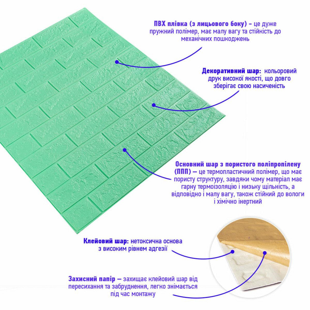 3D панель самоклеющаяся 700x770x5мм кирпич Мята (012-5) SW-00000148 Днепр - изображение 2