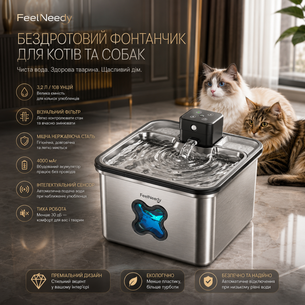 Бездротовий фонтан-напувалка для котів Feelneedy FN-W17: нержавіюча сталь 3.2 л, акумулятор 4000 мАг, сенсор руху Київ - фото 2