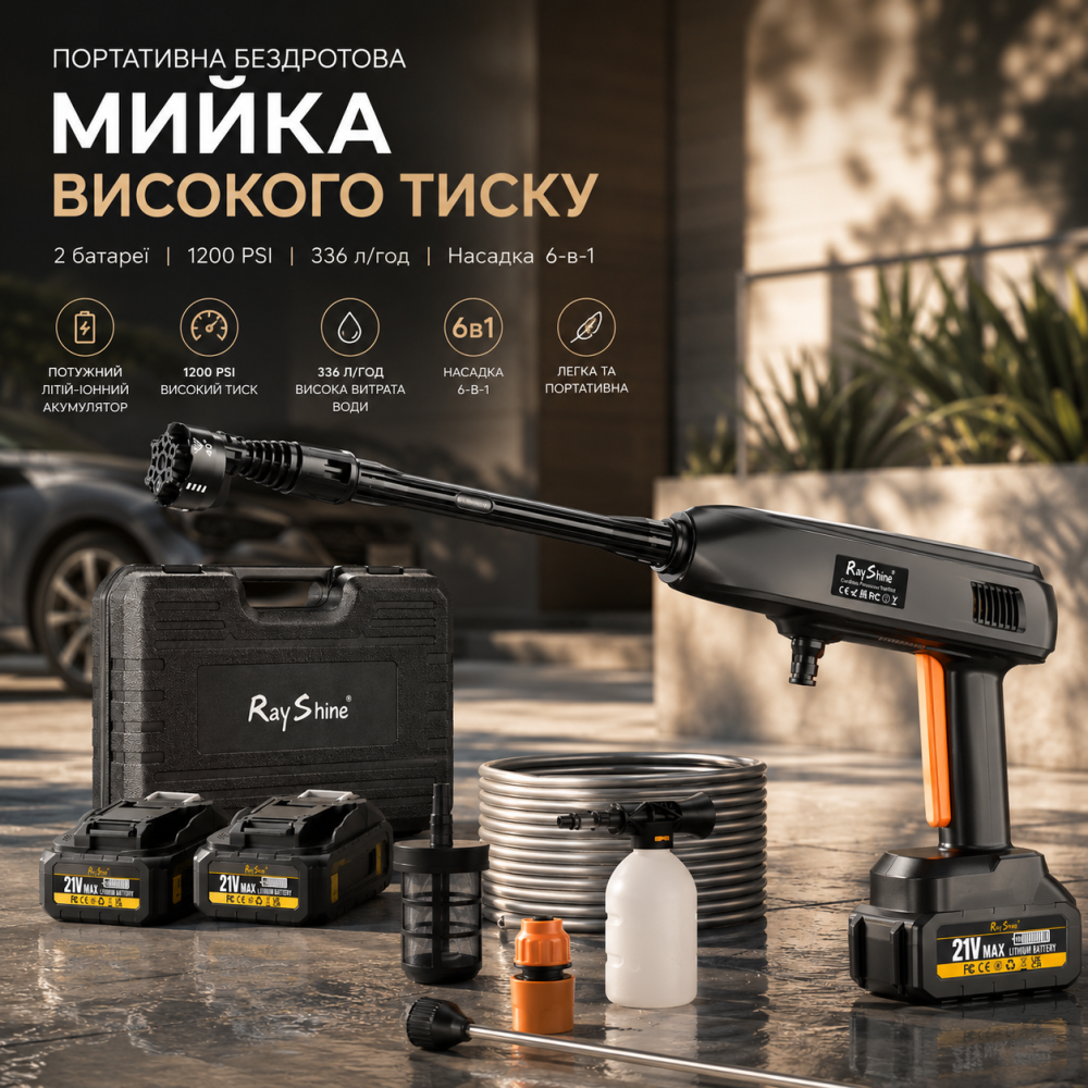 Аккумуляторная мойка высокого давления RayShine 1200 PSI: 2 батареи 21V, насадка 6-в-1, кейс, пенокомплект, 336 л/ч Киев - изображение 1