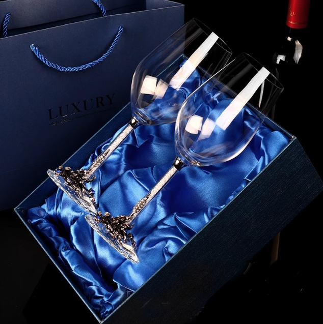 Набор подарочных бокалов для вина 470 мл х 2 шт с металлическим декором и кристаллами Старое серебро Кременчуг - изображение 8