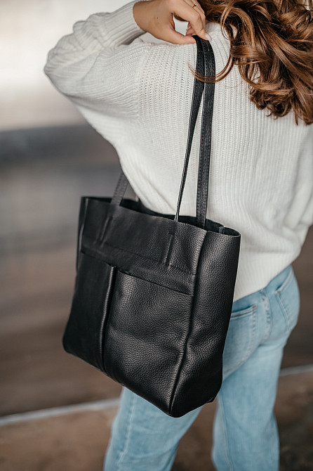 Сумка тоут шкіряна велика жіноча Юта Чорна 28*30*12 см, сумка шопер чорна стильна з кишенямиMasterSem Київ - фото 4