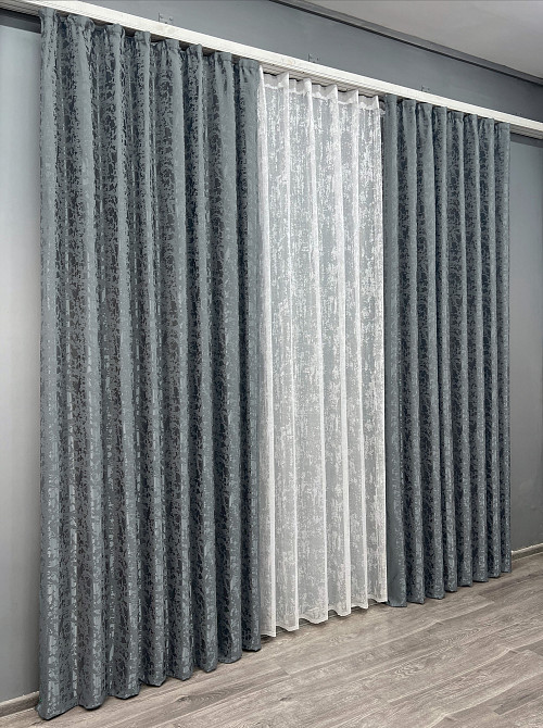 Комплект штор VR-Textil Льон Мармур 200х270 2шт і Тюль 500х270 1262ш-1400т Графітовий з білим 71-132/6 Київ - фото 3