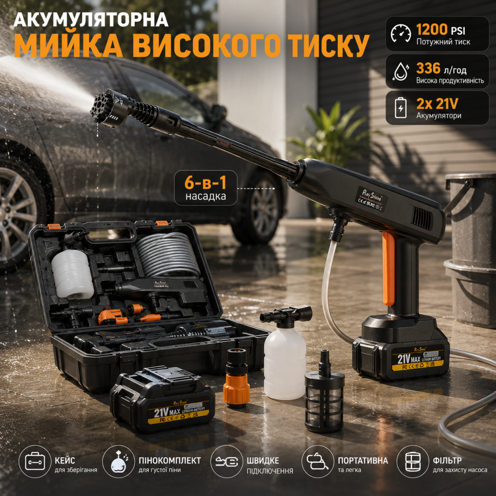 Аккумуляторная мойка высокого давления RayShine 1200 PSI: 2 батареи 21V, насадка 6-в-1, кейс, пенокомплект, 336 л/ч Киев - изображение 9