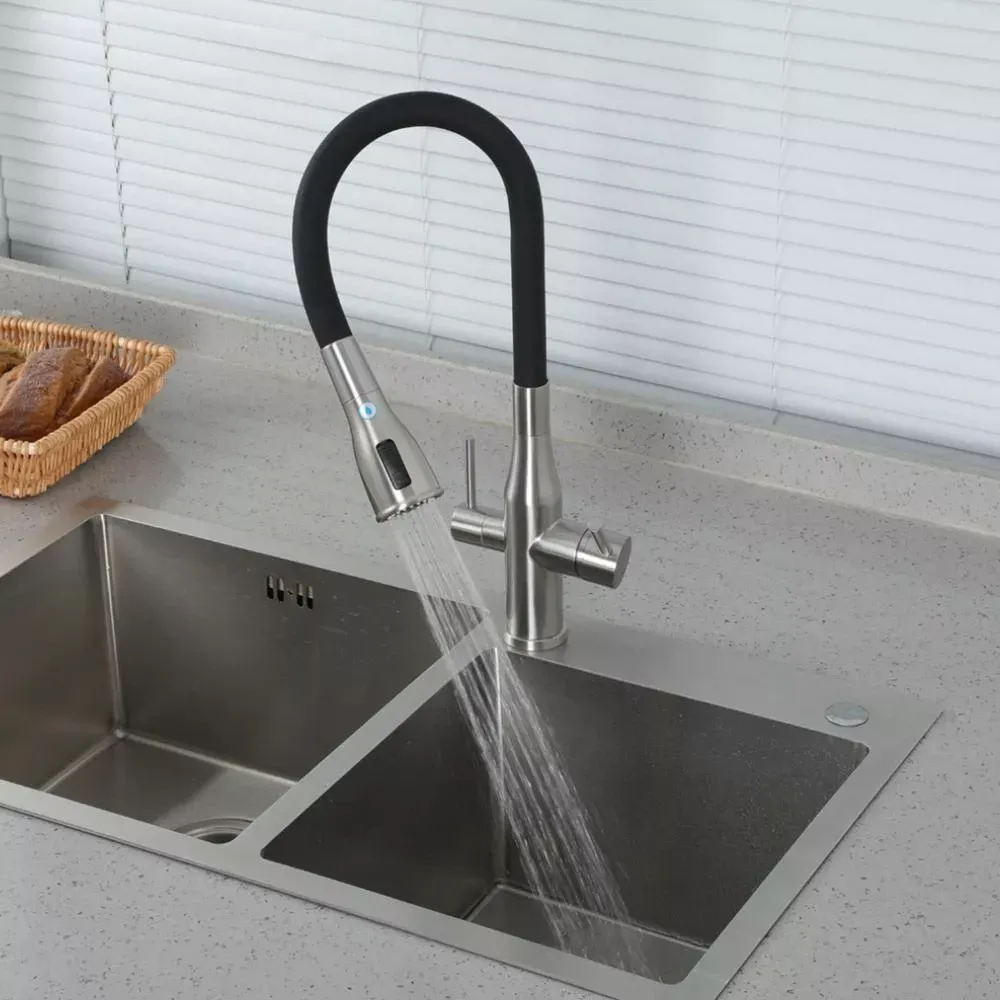 Змішувач для кухні з підключенням до фільтра GAPPO G4399-65 та гнучким виливом, сатин/чорний Київ - фото 2