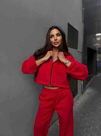 Утепленный женский костюм двойка в спортивном стиле трехнитка на флисе Красный, 46/48 Одесса