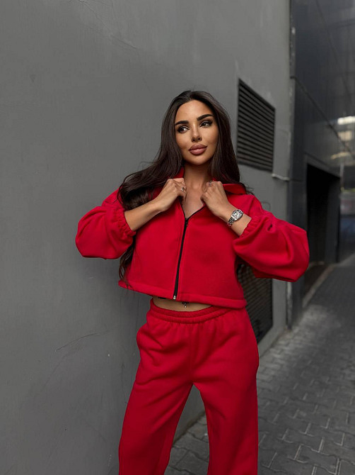 Утеплений жіночий костюм двійка у спортивному стилі тринитка на флісі Червоний, 46/48 Одеса - фото 5