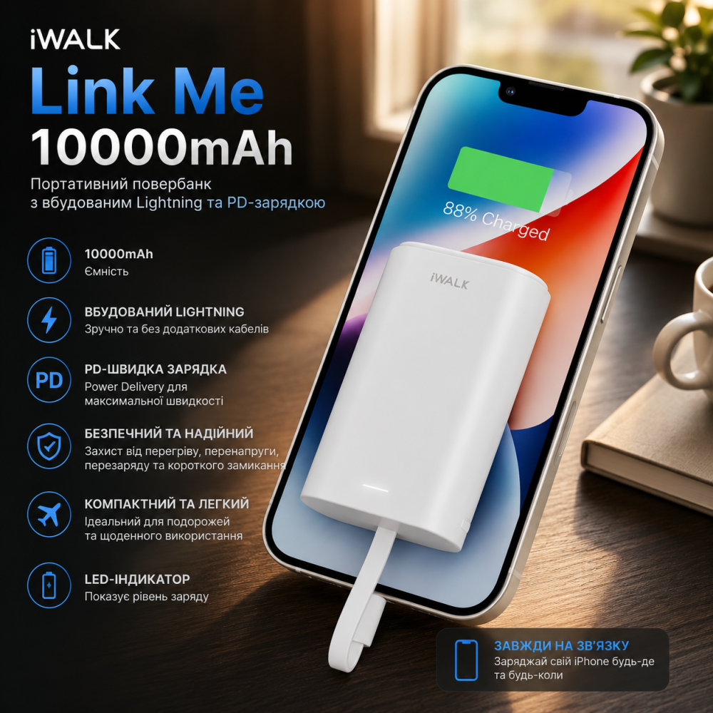 Уцінка: Портативний повербанк iWalk Link Me 10000mAh (9000mAh) з вбудованим Lightning та PD-зарядкою Київ - фото 7