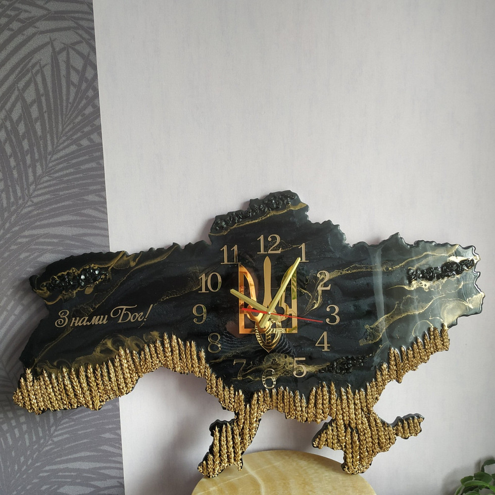 Настінний годинник з епоксидної смоли ручної роботи "Карта України" з колосками 130х85 см Дніпро - фото 5