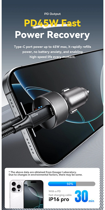 Автомобільний зарядний пристрій Essager ES-CC21 45W A+C (USB-A + Type-C) — швидка зарядка смартфонів і планшетів Миколаїв - фото 2