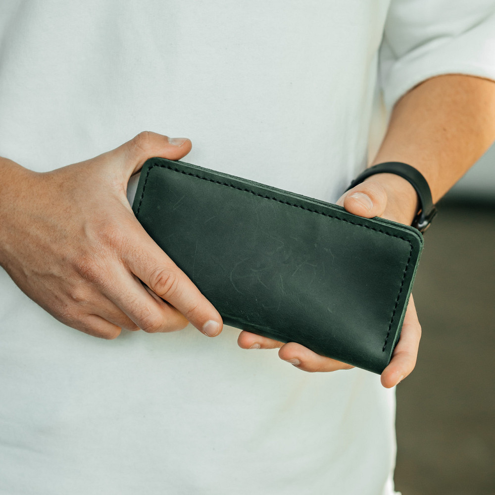 Клатч чоловічий шкіряний Лонгер Зелений стильний на кнопках 20х10 см з відділеннями для купюр, карт та монетMasterSem Київ - фото 2
