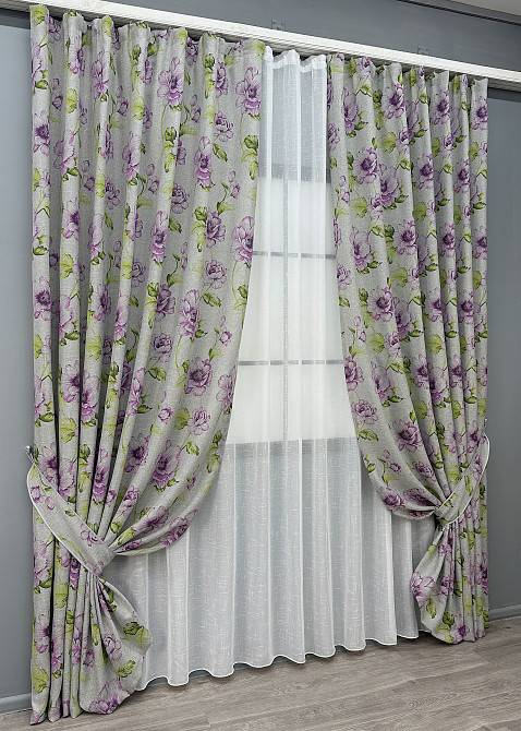 Комплект штор VR-Textil Лен Прованс 100х270 2шт и Тюль 400х270 2079ш-115т Серый с фиолетовым и белым 71-214/2 Киев - изображение 2