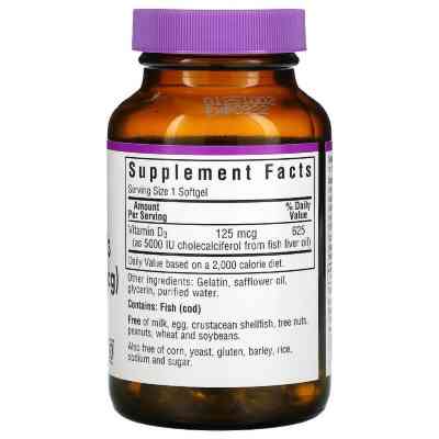 Вітамін Bluebonnet Nutrition Вітамін D3 5000IU (125 мкг), Vitamin D3, 100 желатинових кап (BLB-00321) Вінниця